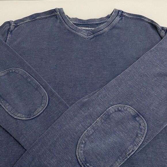Johnston & Murphy V Neck ‎ Blue Pullover Sweater Size L Elbow Patches Flaw - Picture 1 of 8